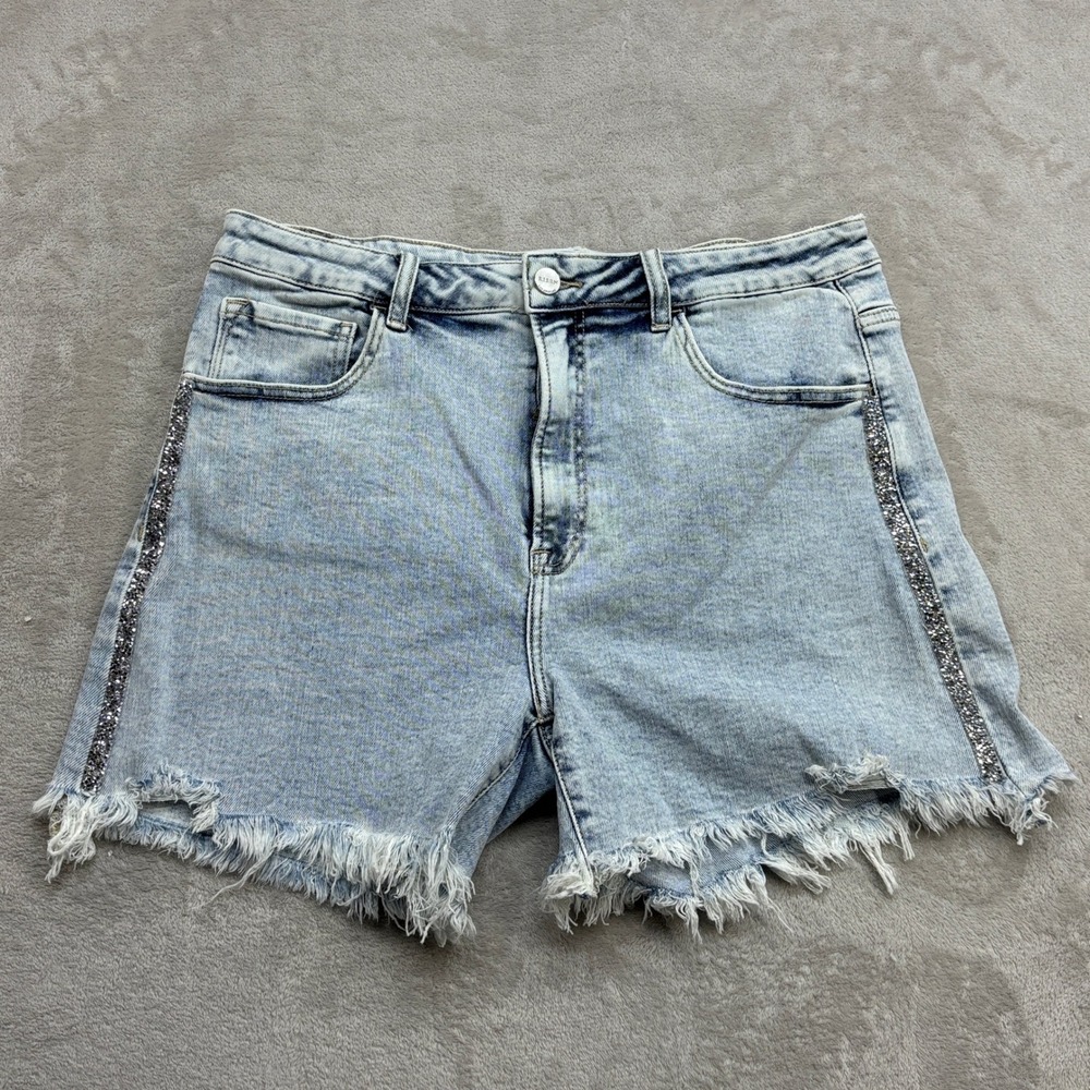 Risen Jeans Denim Shorts Women 1XL Light Wash Frayed Raw Hem 90s Boho Festival